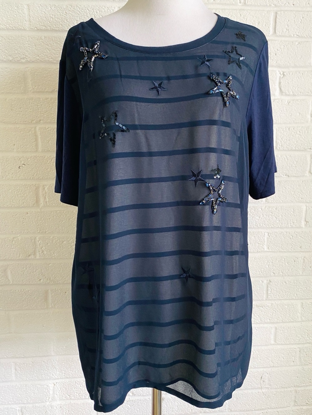 Les Copains Italy Navy Striped Top Blouse Stars Old Money Nautical Preppy XL